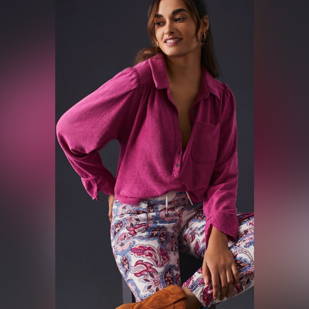 Anthropologie Pilcro Puff-Sleeve Blouse in Rasberry